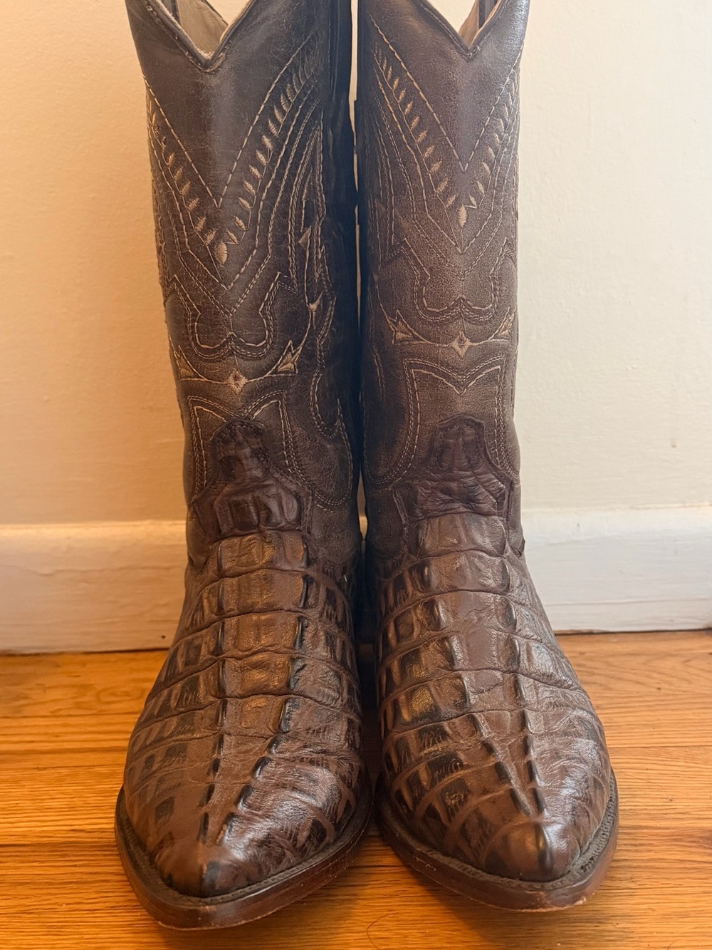 Red Diamond, Brown Croc-Embossed Leather Cowboy Boots - Home Accents